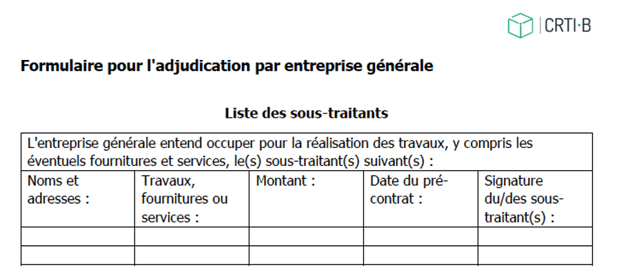 Formulaire pour liste des sous-traitants - marchés publics